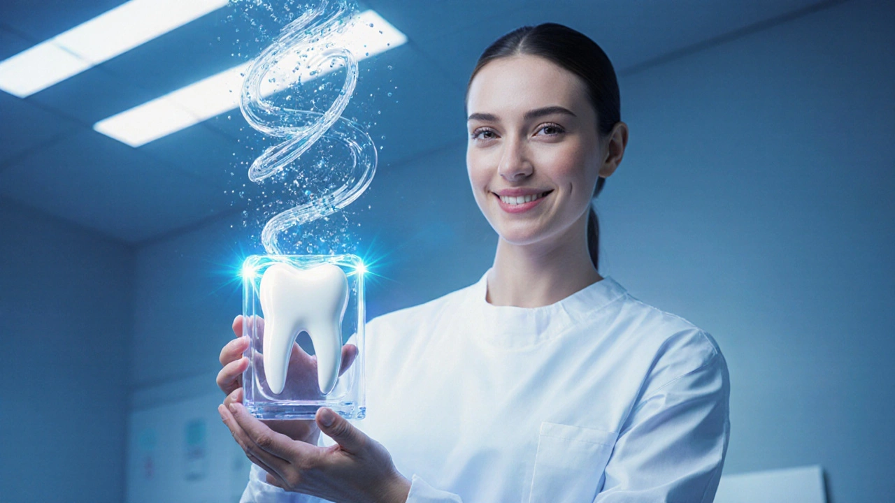 Dentista s futuristickým setem vydávajícím nanočástice v klinickém prostředí.