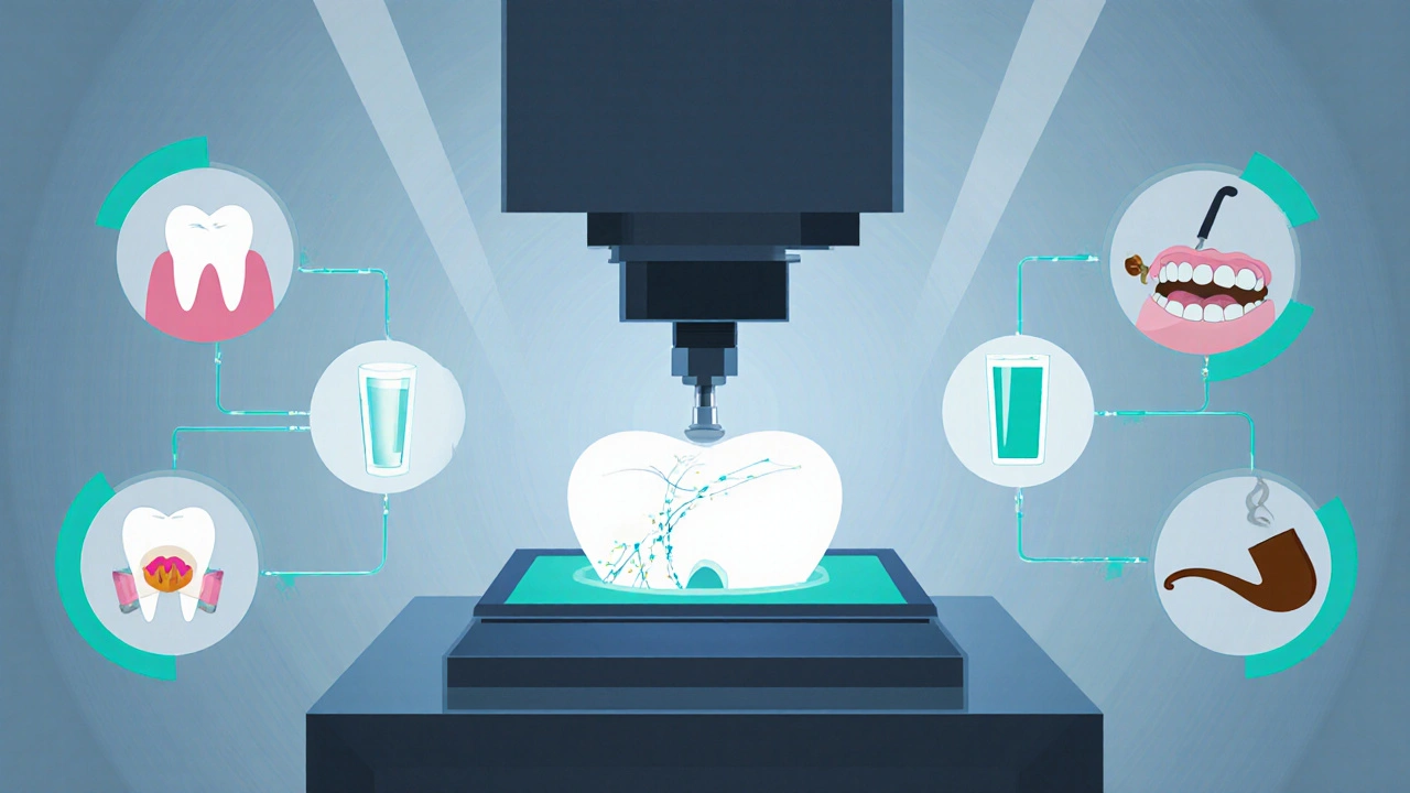 Ilustrace dentální laboratoře, CAD/CAM zařízení a různé materiály korunek.