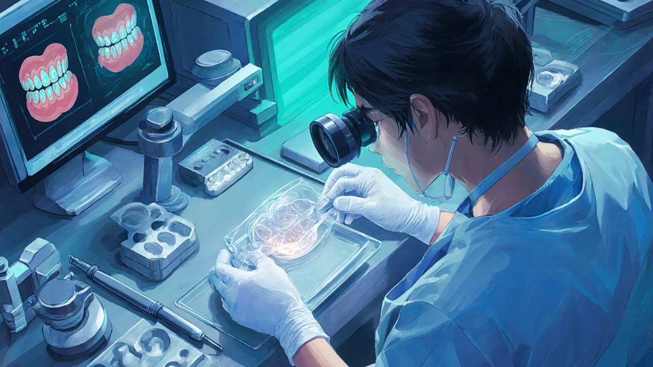 Laboratorní technik kontroluje 3D‑tištěnou keramickou fazetu pod lupou, obklopený nástroji.