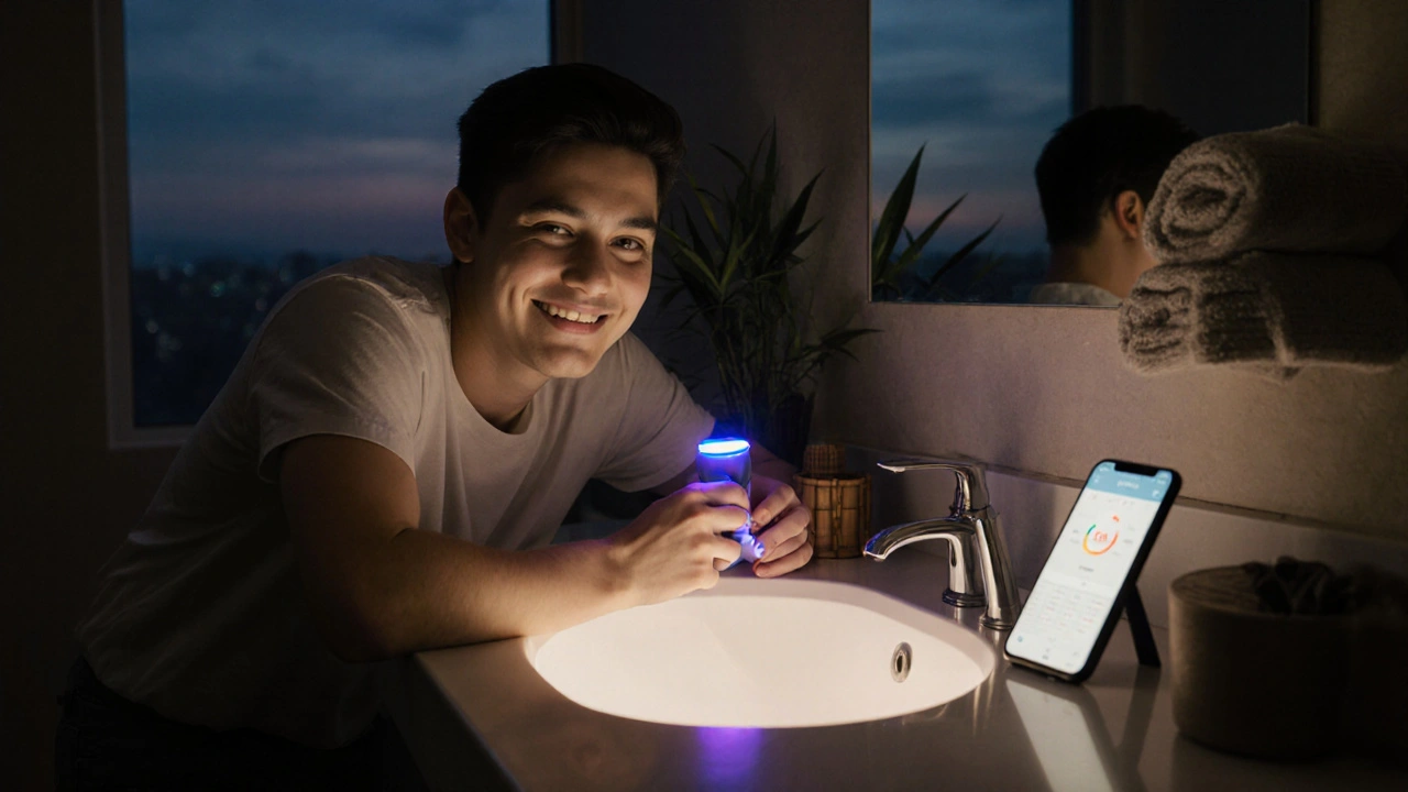 Osoba s úsměvem používá čistič s LED světlem, telefon imituje aplikaci.