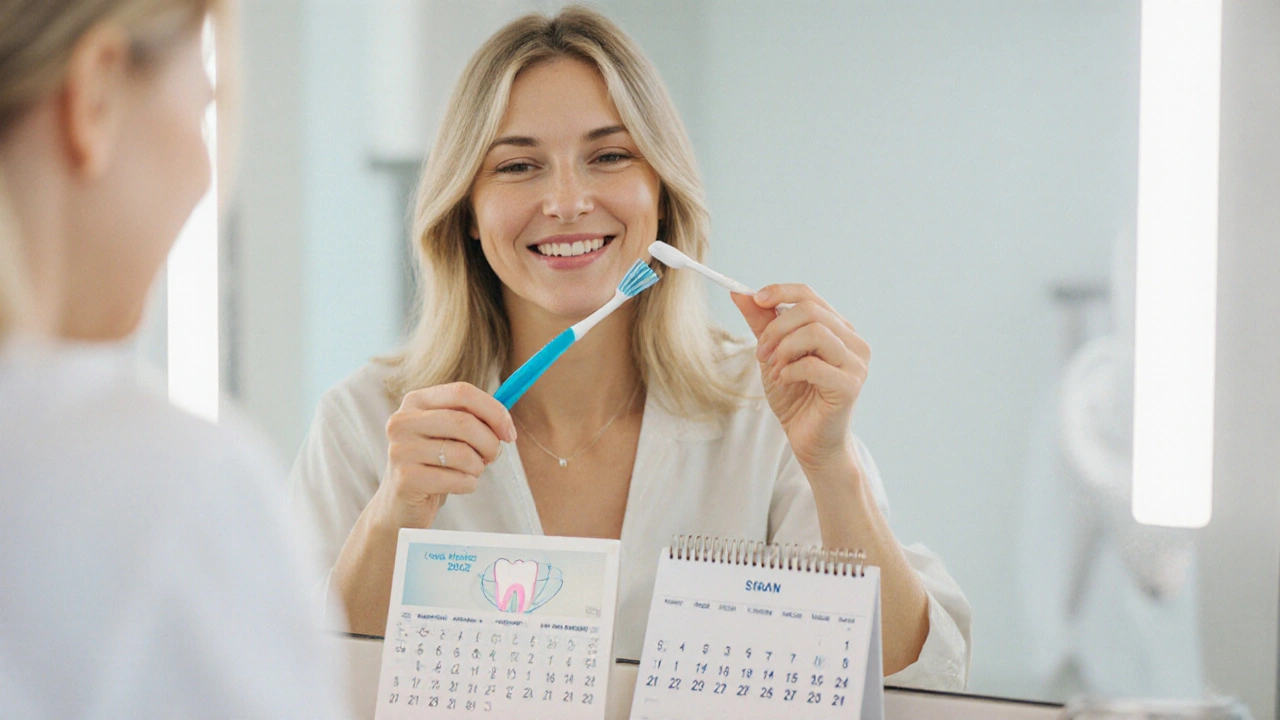 Pacient po endodoncii pečující o ústa kartáčkem a nití.