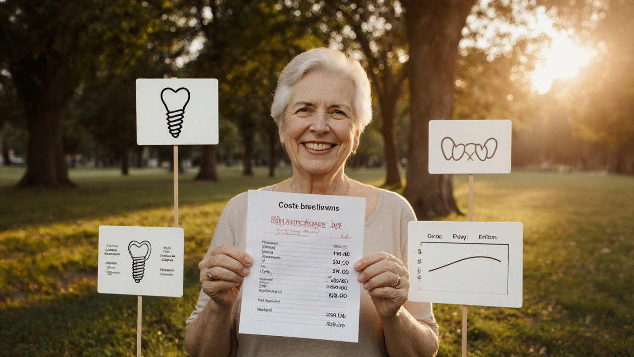 Person smiling in park holding dental cost breakdown, subtle treatment icons around them.