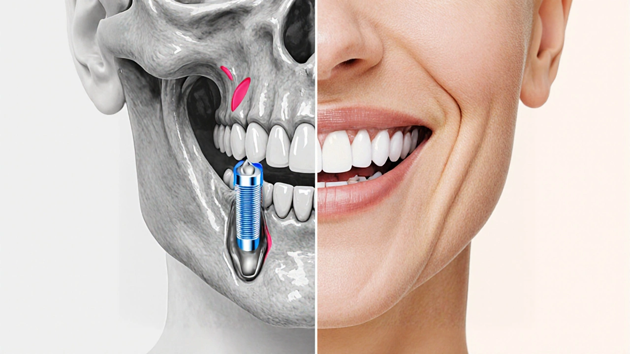 Split image showing jawbone deterioration versus healthy restoration with dental implants.