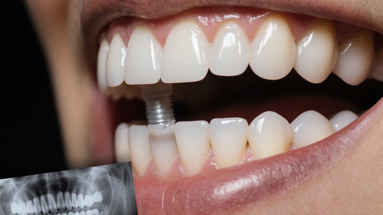 Zubař nasazuje keramickou korunku na zirconia abutment, viditelné šroubové kanály a periapikální rentgen v rohu.