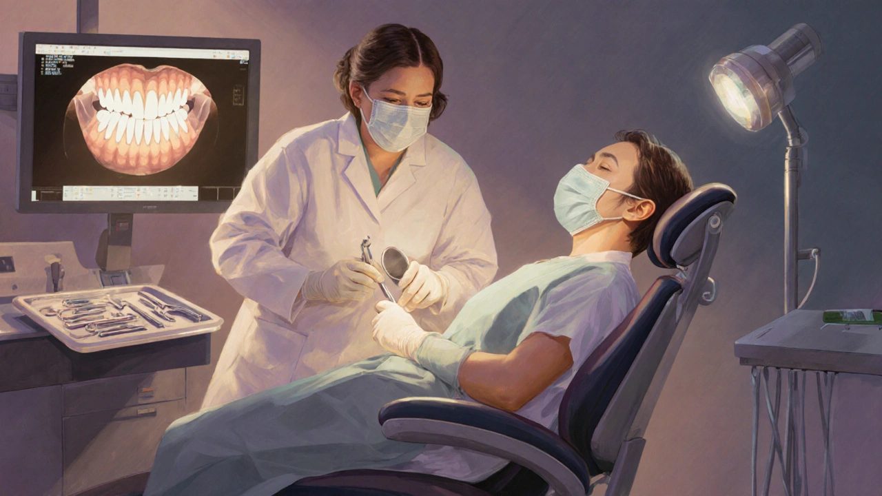 Zubař v bílém plášti připravený ošetřit pacienta na dentální křesle.