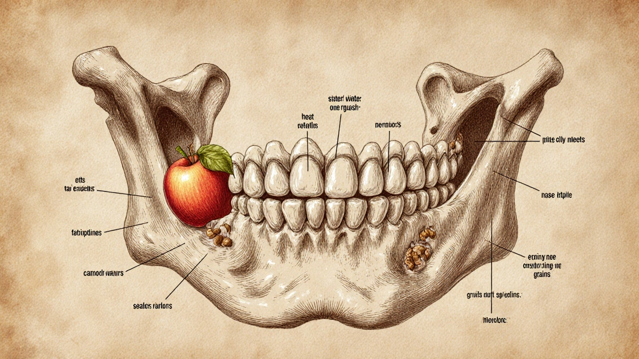Anatomická ilustrace čelisti s různými typy zubů, jak zpracovávají potravu – řezání, držení, drtění a mletí.