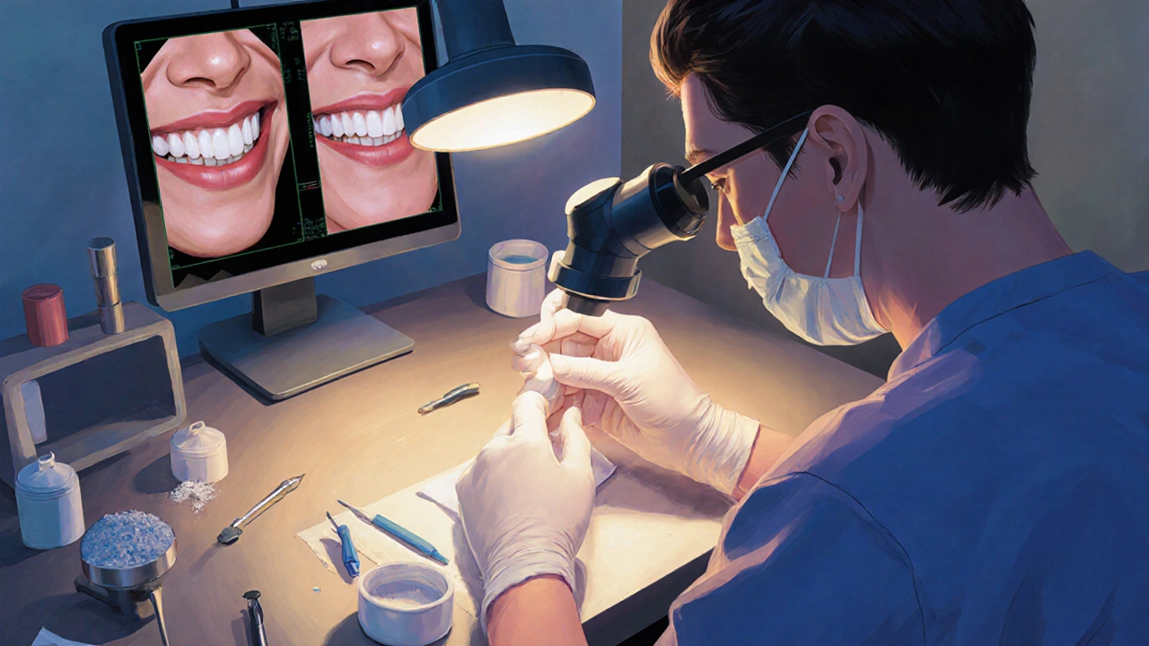 Dentální technik v laboratoři vyrábí keramickou fazetu pod lůžkovou lampou.