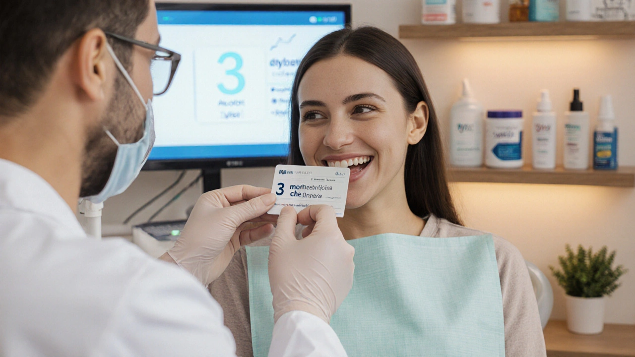 Diabetik na zubní návštěvě s ukazatelem normální hladiny cukru.