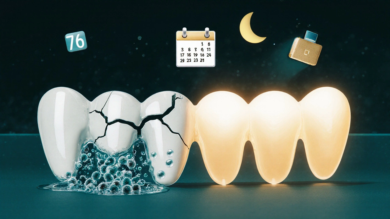 Poškozený veneers s bakteriemi pod ním vs. zdravý lesknoucí se veneers