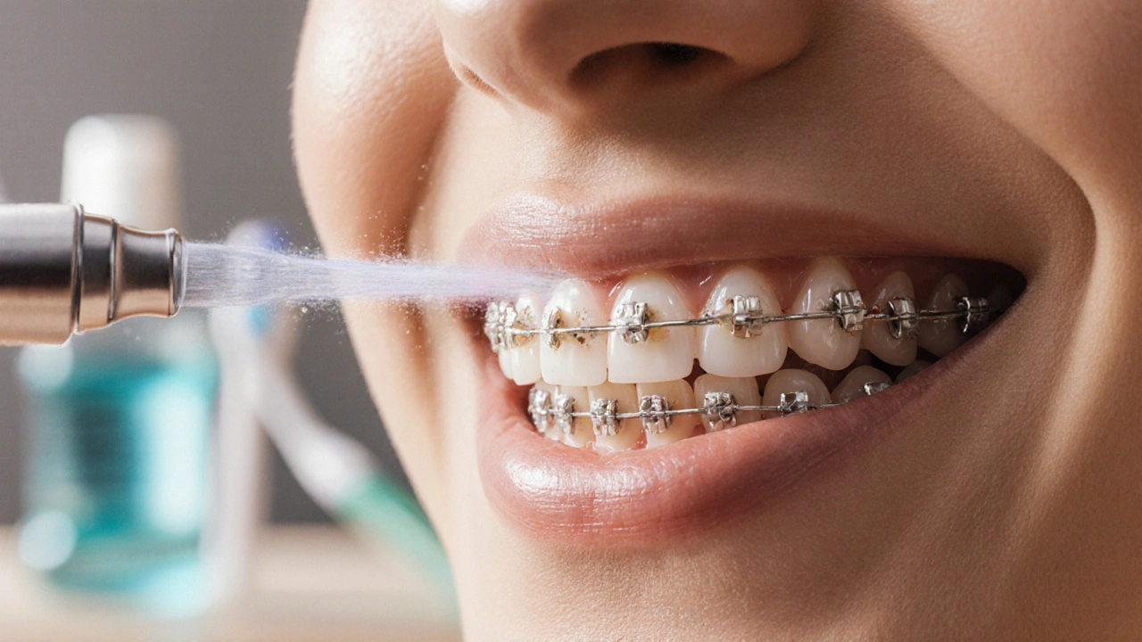 Vodní fúze odstraňuje zbytky jídla z orthodontických drátků a zámečků.