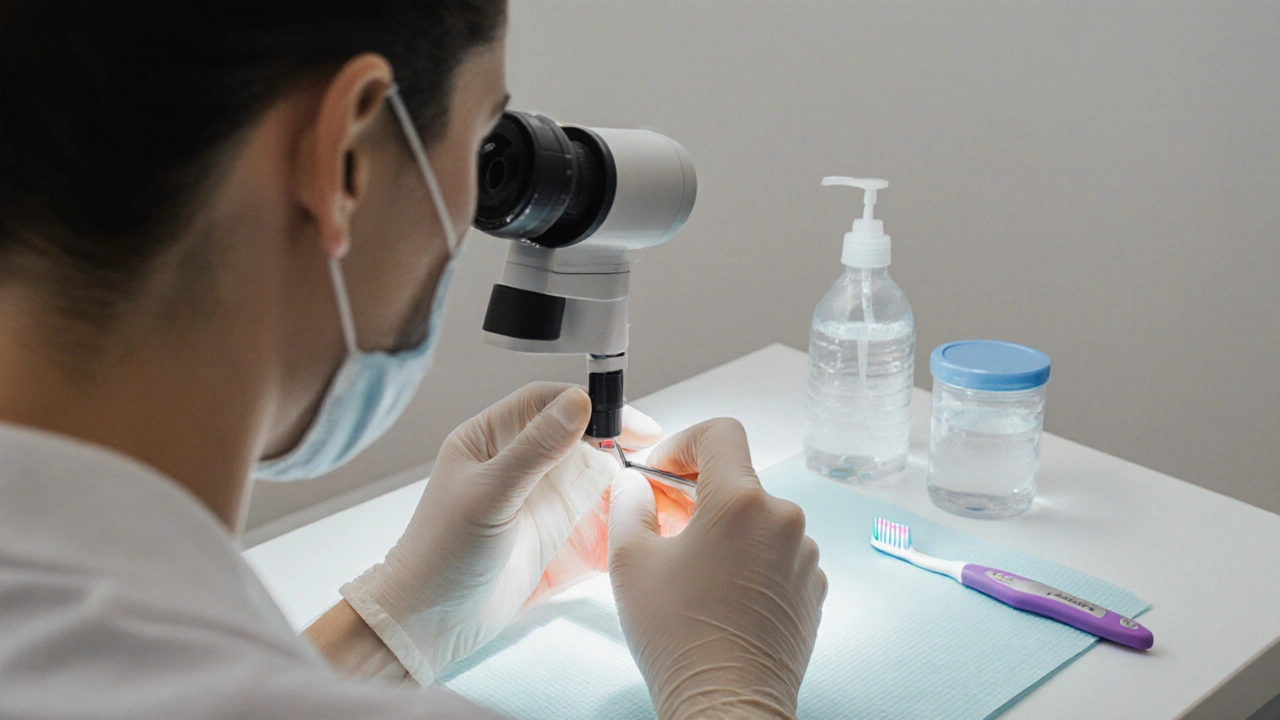 Zubní lékař prohlíží veneers pomocí mikroskopu