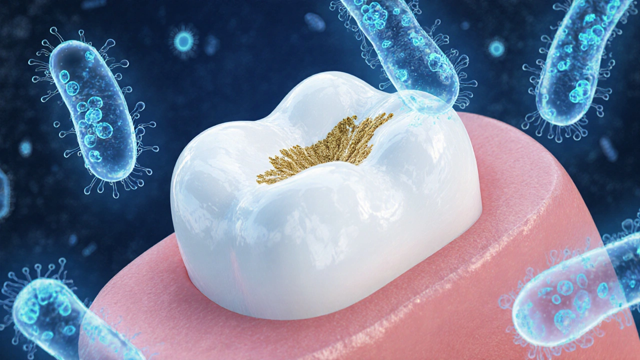 Zubní skloň pod mikroskopem s prvními známkami demineralizace a fluoridovou ochranou.
