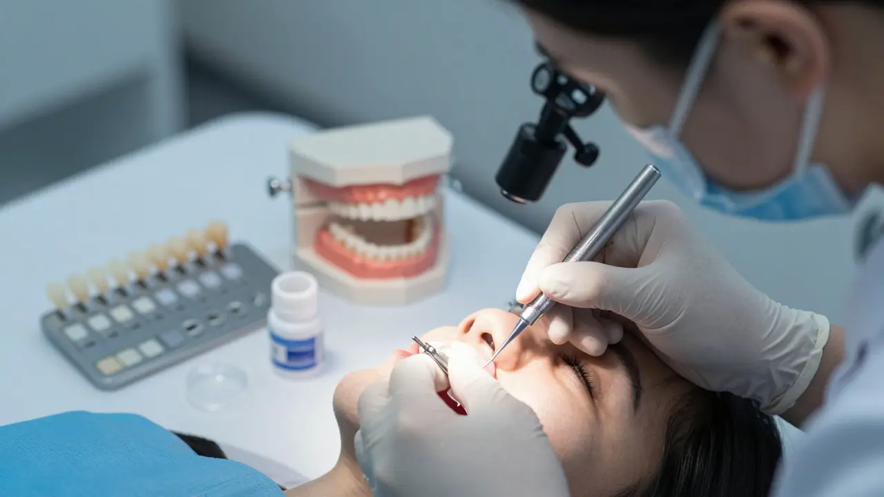 Dentista připevňuje keramickou fazetu na zub s přesnými nástroji a kontrolním modelem.