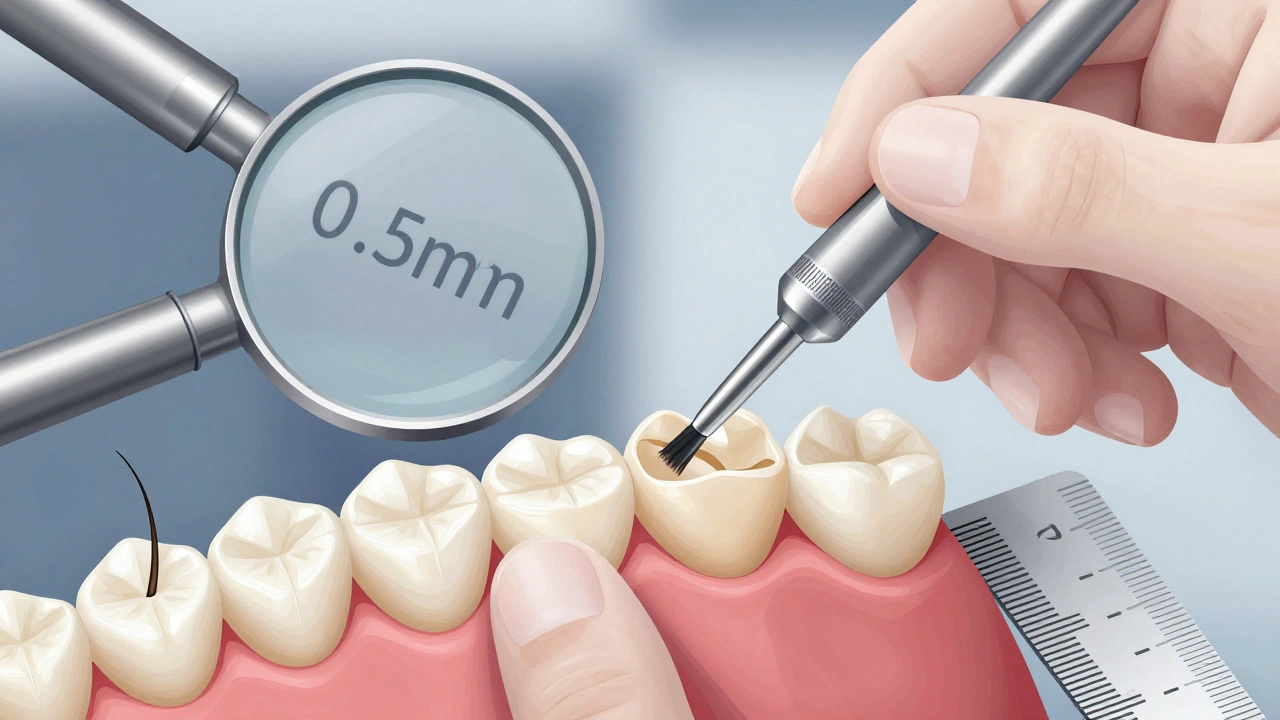 Dentista připevňuje tenkou keramickou vrstvu na připravený zub.