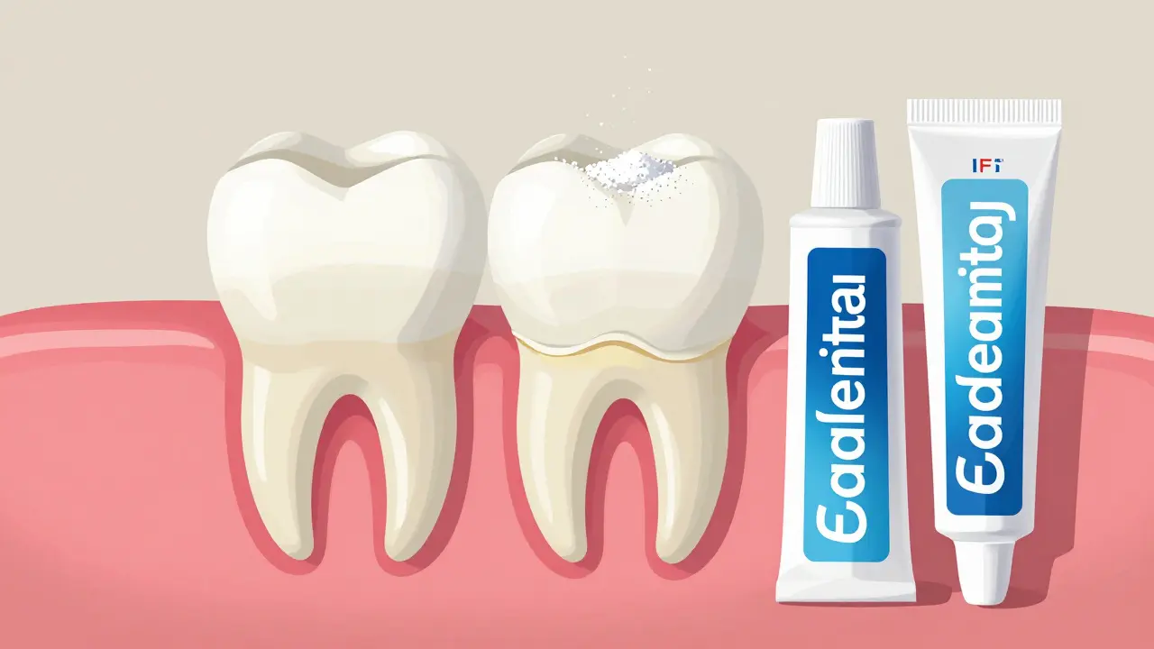 Příčný řez zubem s odhalenou tenkou sklovinou a žlutým dentinem.