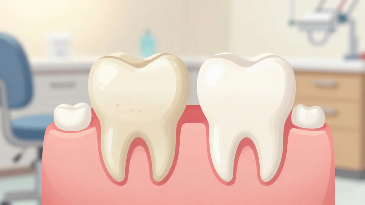 Child's new permanent tooth with rough and smooth enamel sides.