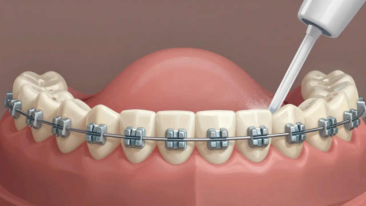 Detail keramických rovnátek s zbytky jídel a plakem vedle čistých rovnátek pod osvětlením.