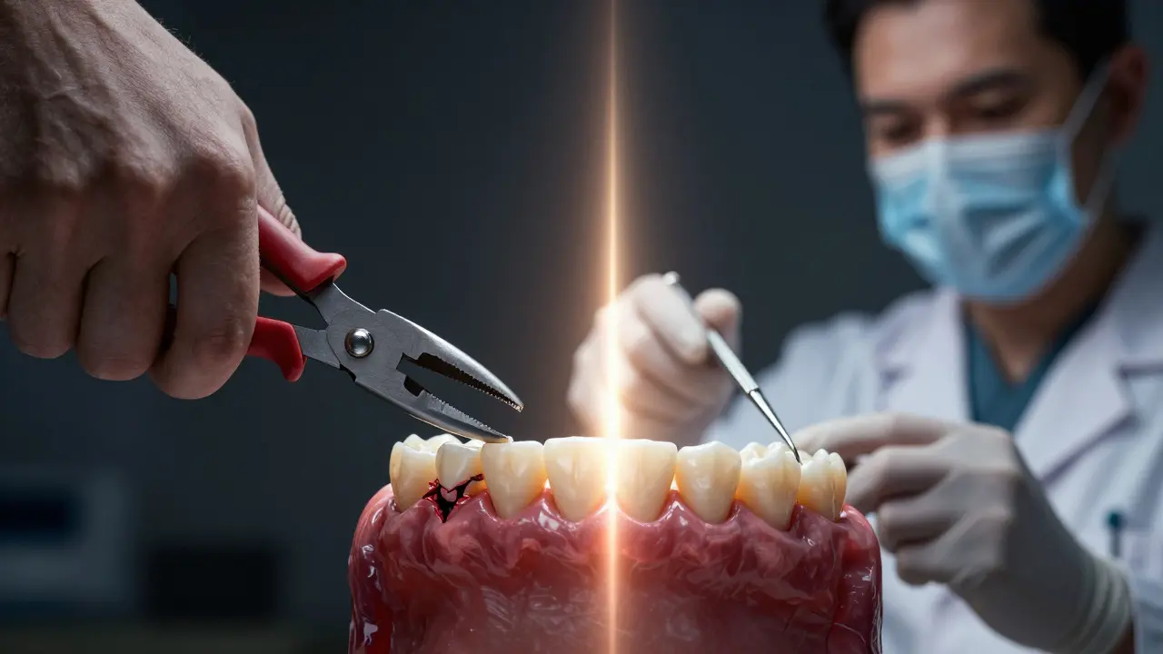 Contrasting images of dangerous home removal versus safe professional dental bridge removal.