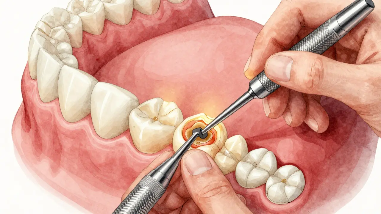 Cross-sectional view of a dental bridge being carefully sectioned during professional removal.