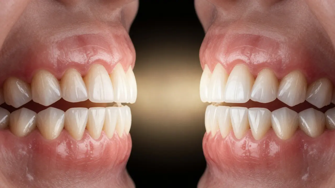 Side-by-side comparison of crooked teeth transformed into a flawless smile with porcelain veneers.