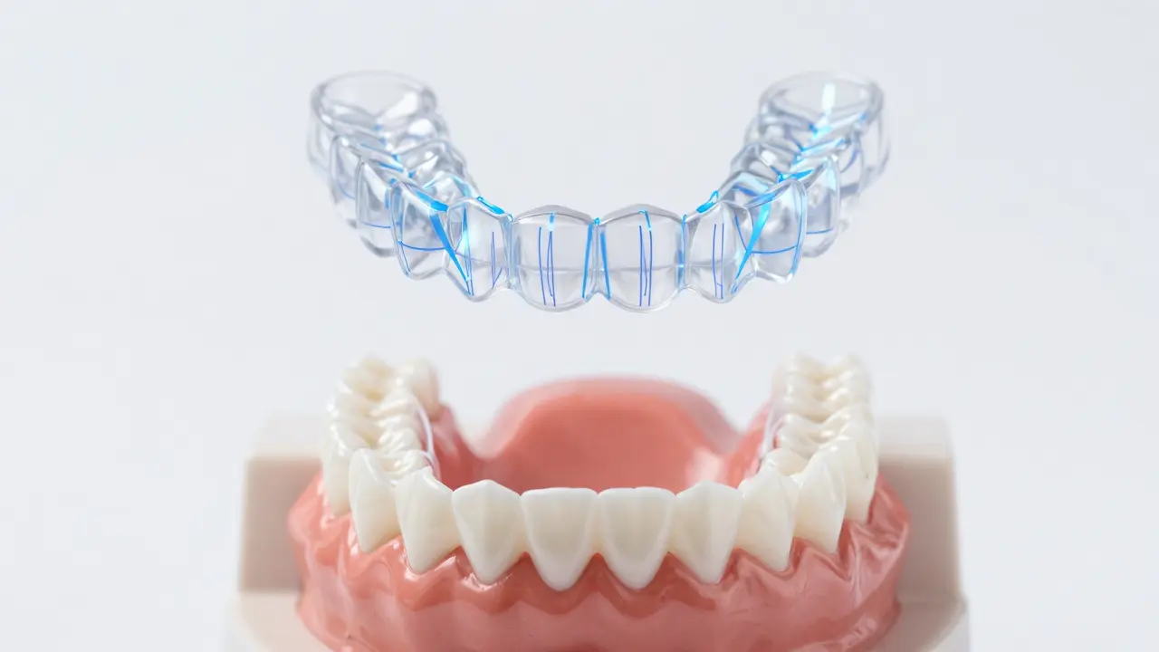 Detailní zobrazení průhledných rovnátek na zubním modelu s 3D skenem čelisti v pozadí.
