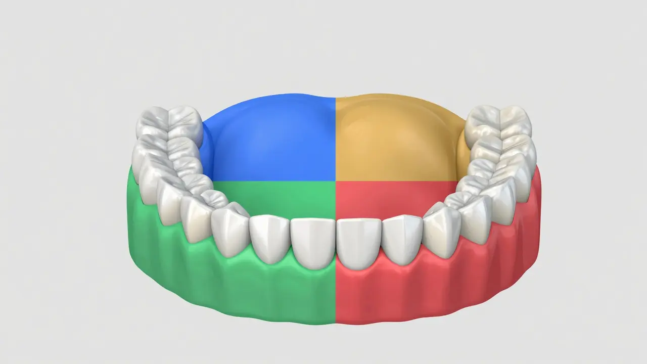 3D vizualizace čtveřic zubů podle systému FDI bez textu