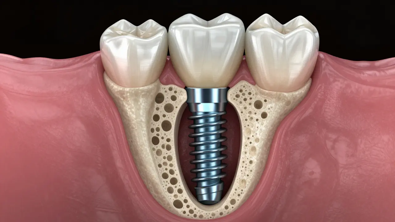 Řez čelistí s osifikovaným titanovým implantátem a korunou