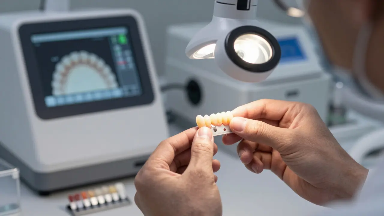 Stomatologický technik kontroluje hotový keramický onlay v laboratoři