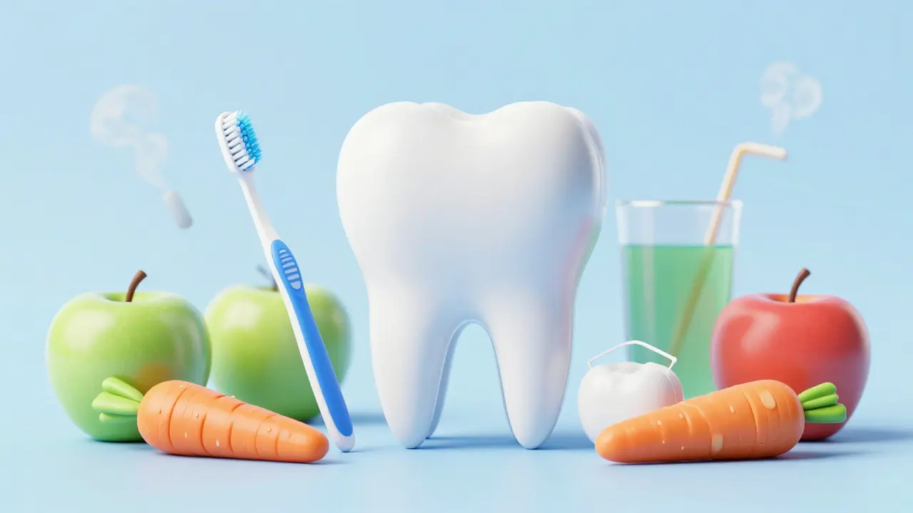 Zdravé zuby obklopené hygienickými potřebami a zdravou stravou