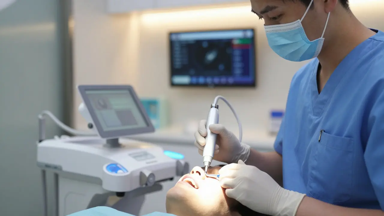 Zubní lékař používá intraorální skener pro diagnostiku zubů