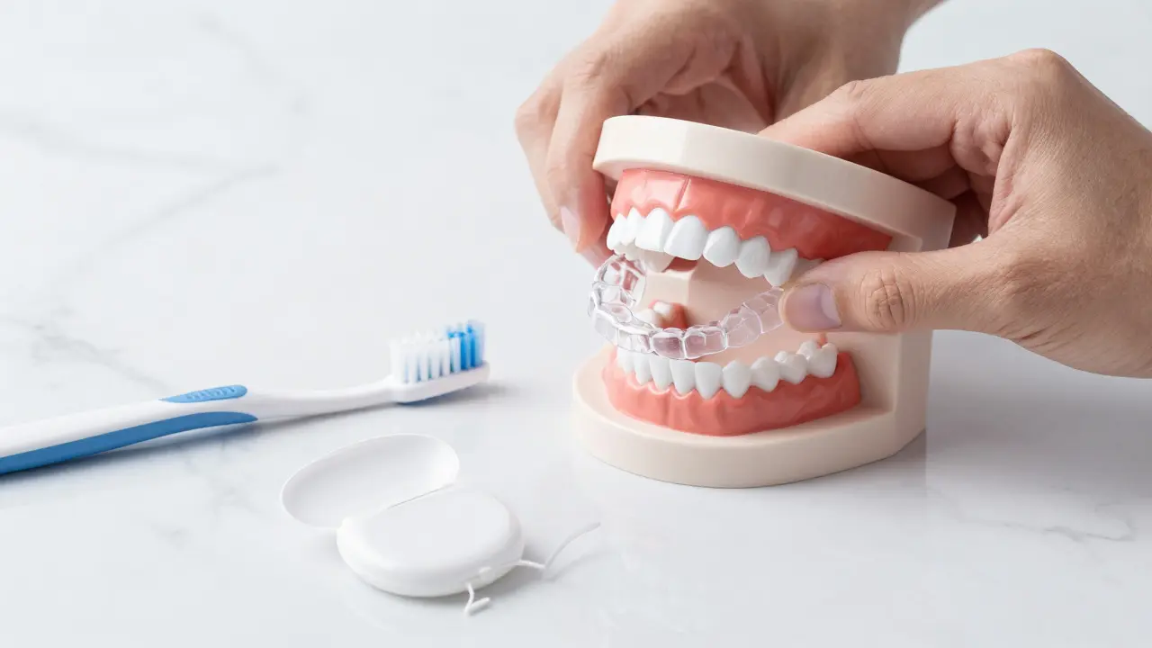 Hygiena zubů a čiré rovnátka na mramoru