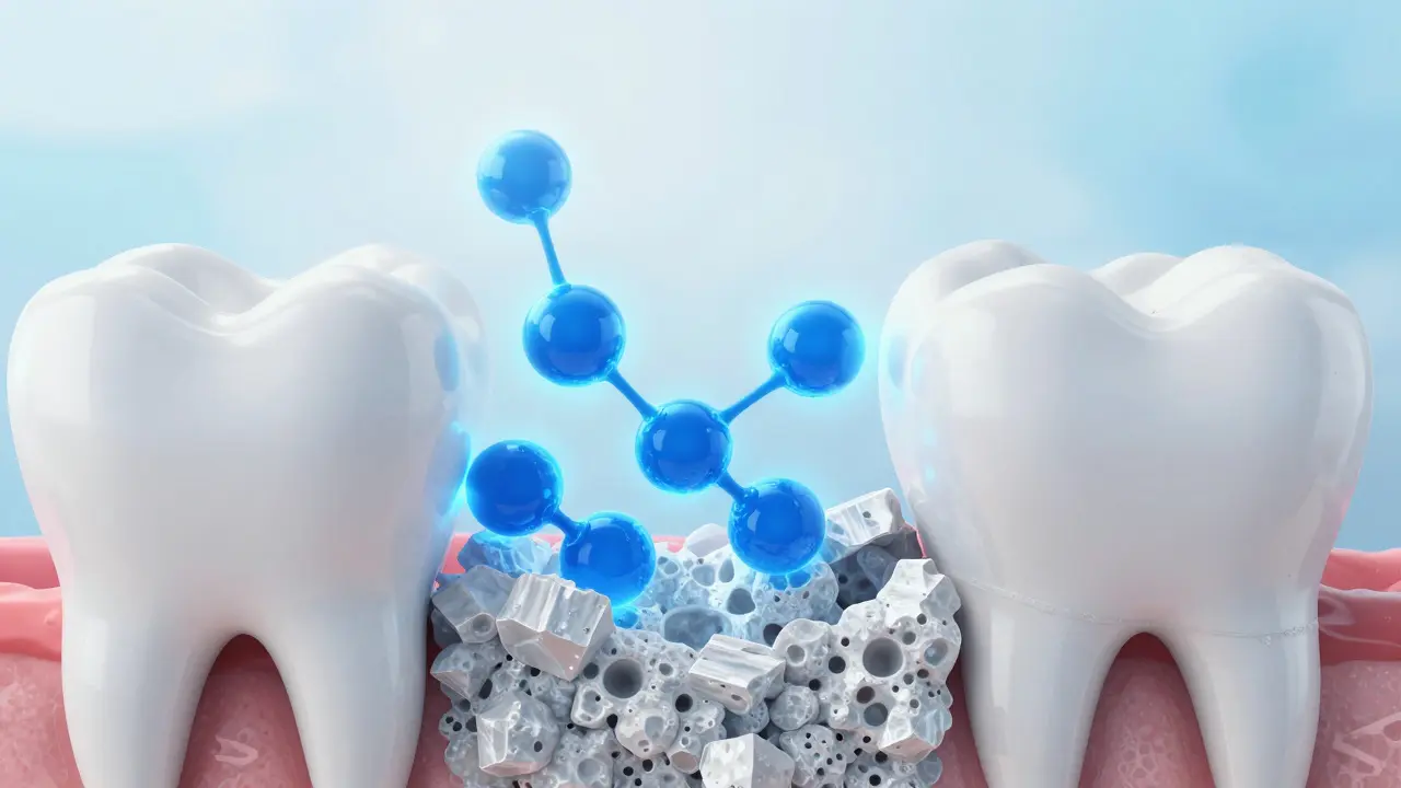 Ilustrace procesu remineralizace zubní skloviny fluoridem