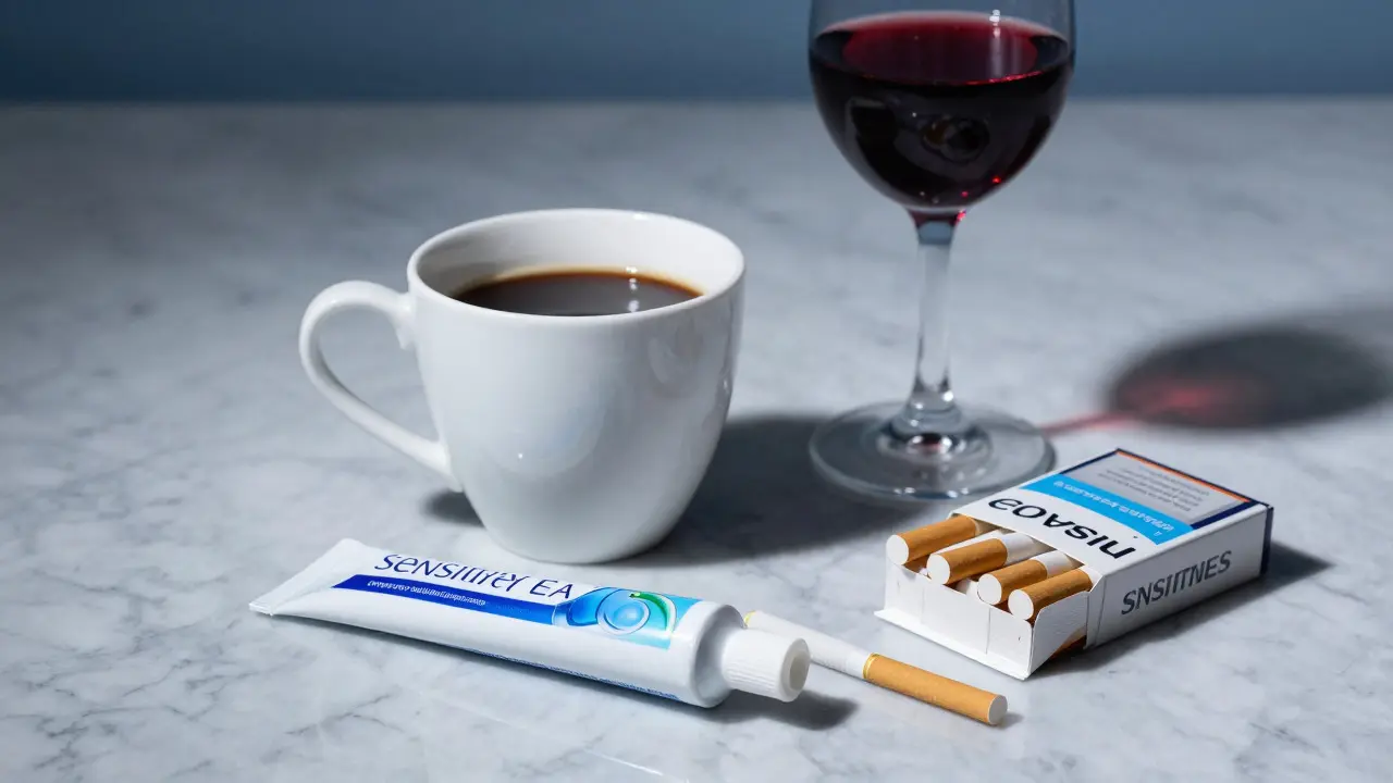Káva, víno a cigarety vedle bělicích pásek na mramoru