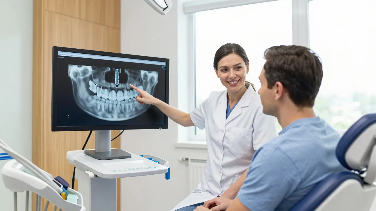 Konzultace zubního lékaře s pacientem u digitálního modelu implantátu