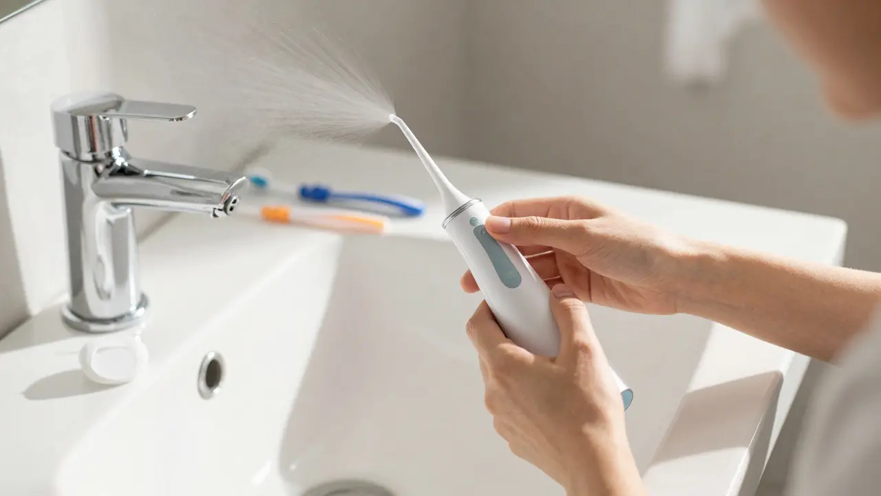 Osoba používající ústní sprchu při ranní hygieně v koupelně