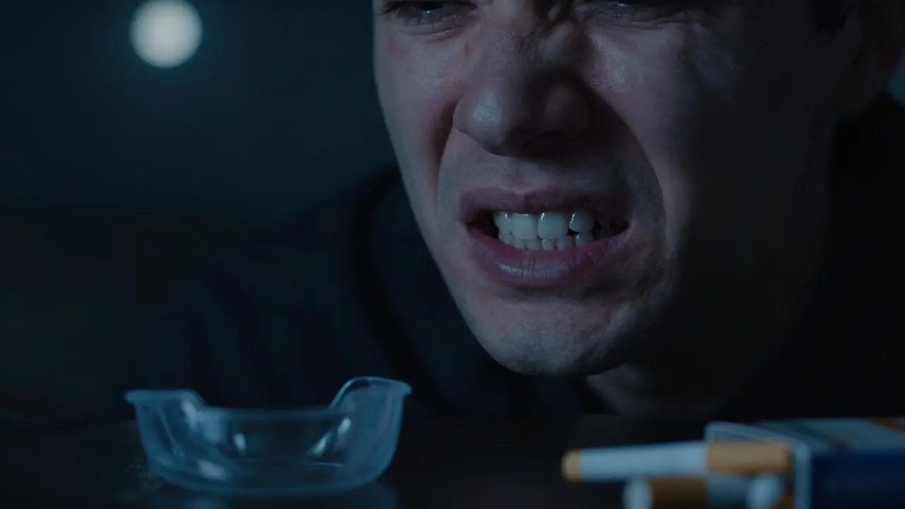 Stresovaný člověk drtí zuby, vedle leží chránič a cigarety