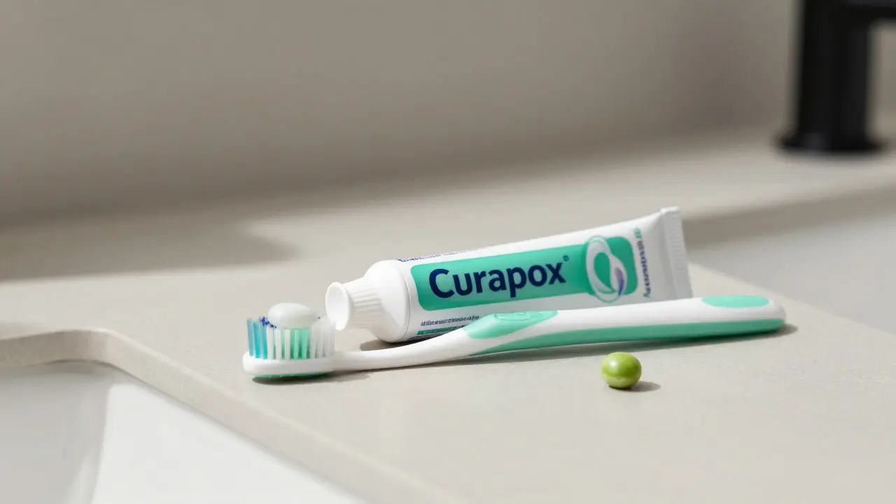 Tuba Curaprox pasty a hrášek představující bezpečnou dávku pro děti.