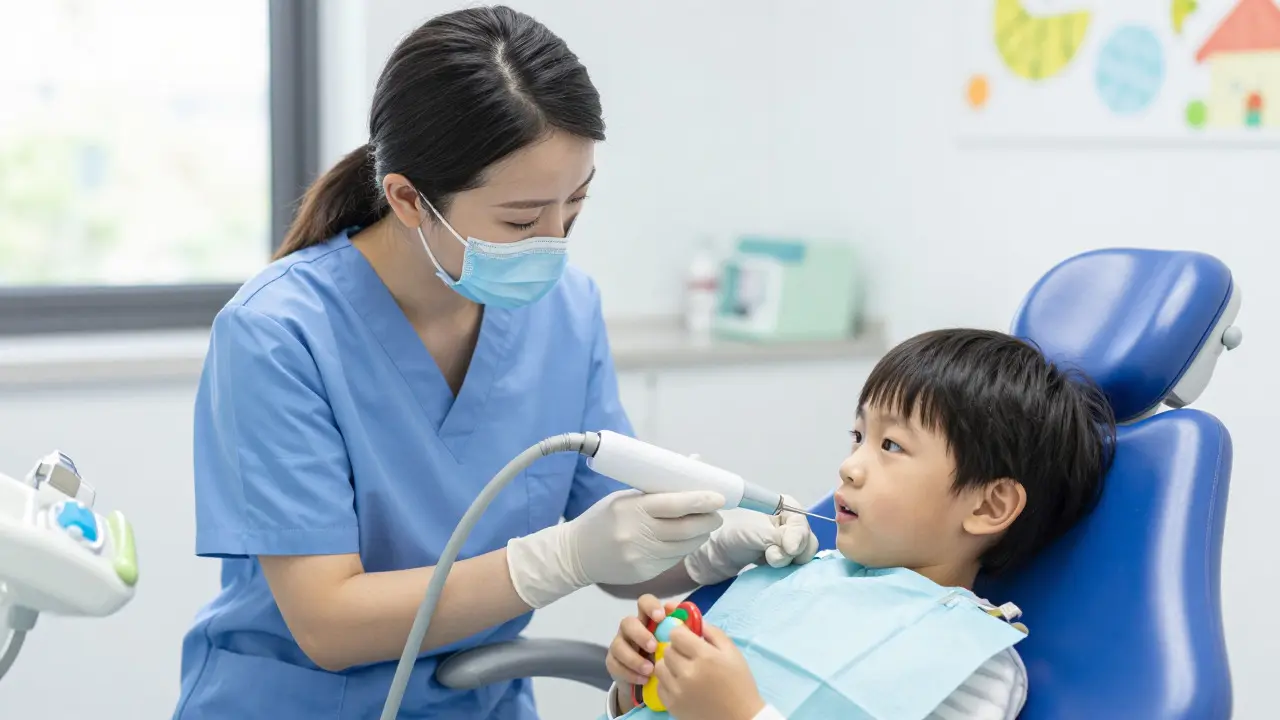 Dentální hygienista čistí zuby dítěti ultrazvukem.