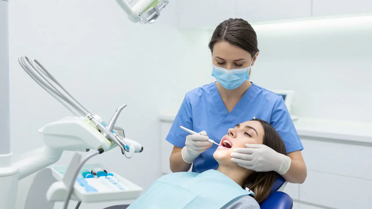 Dentální hygienistka aplikuje ochranný gel u pacienta
