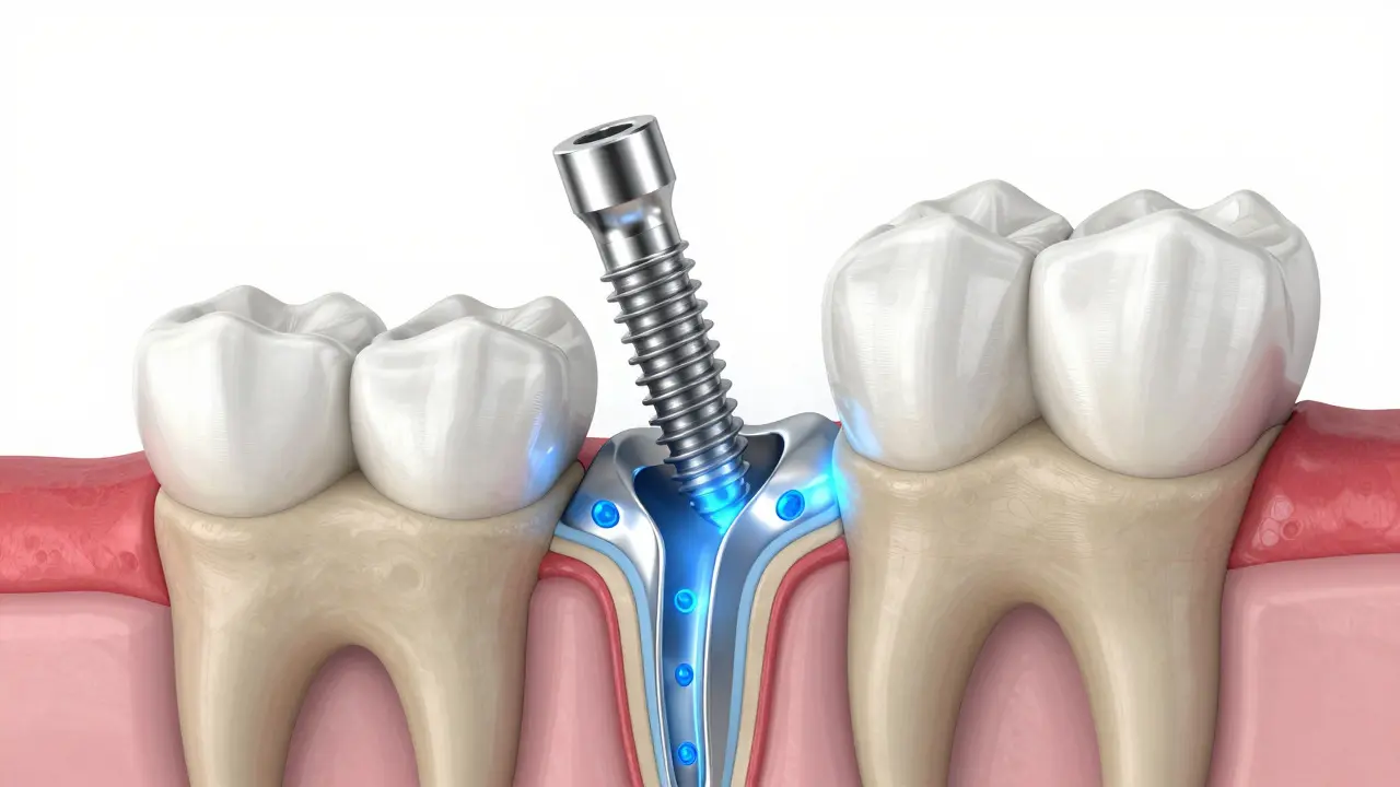 Lékařská ilustrace ukotvení zubního implantátu v kosti