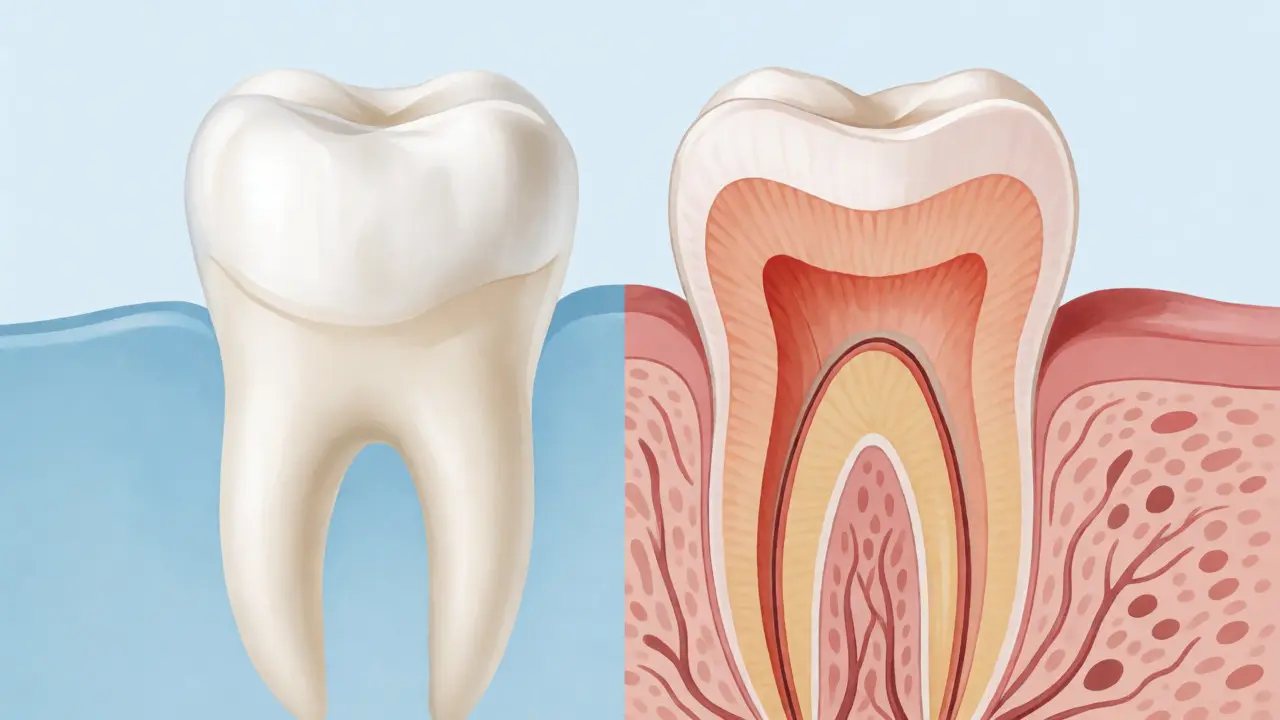 Anatomický řez zubem ukazující odhalený dentin a nervy
