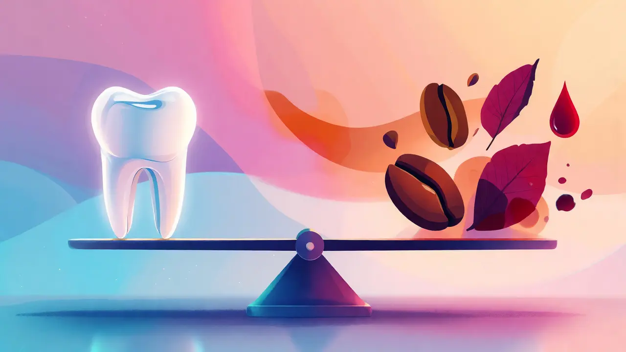 Ilustrace váhy vyvažující zdravé zuby a látky způsobující zabarvení