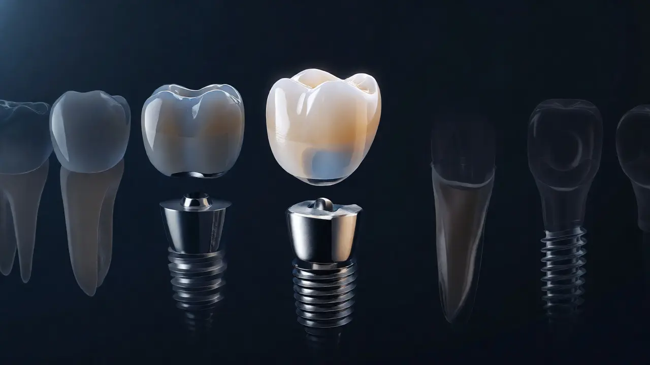 Kompletní zubní implantát s korunkou a abutmentem v uměleckém stylu