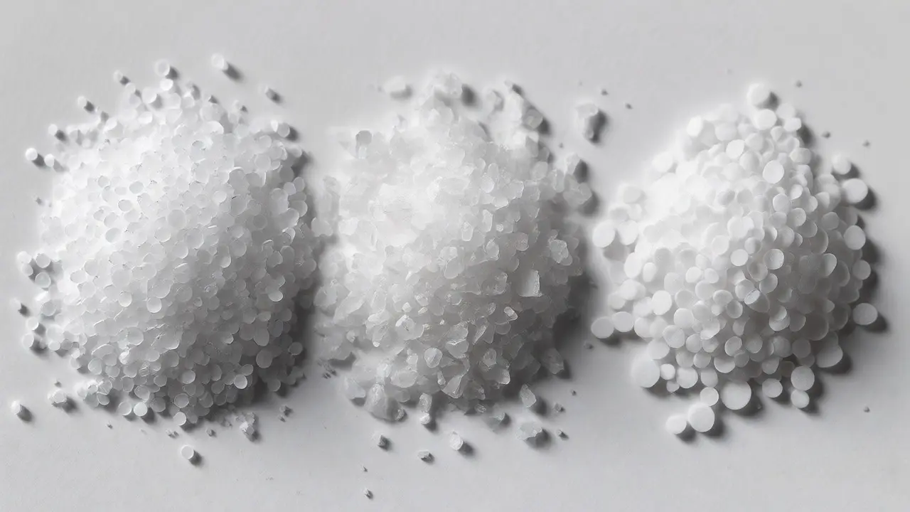 Makro snímek tří druhů abrazivních materiálů pro dentální pískování vedle sebe.