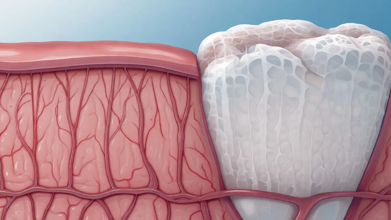 Medicínská ilustrace porovnávající zdravé růžové a ztlustlé bílé dásně.