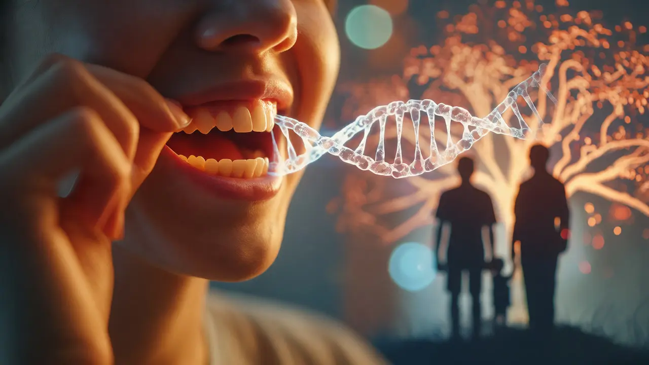 Osoba čistící zuby nití s grafickým znázorněním DNA