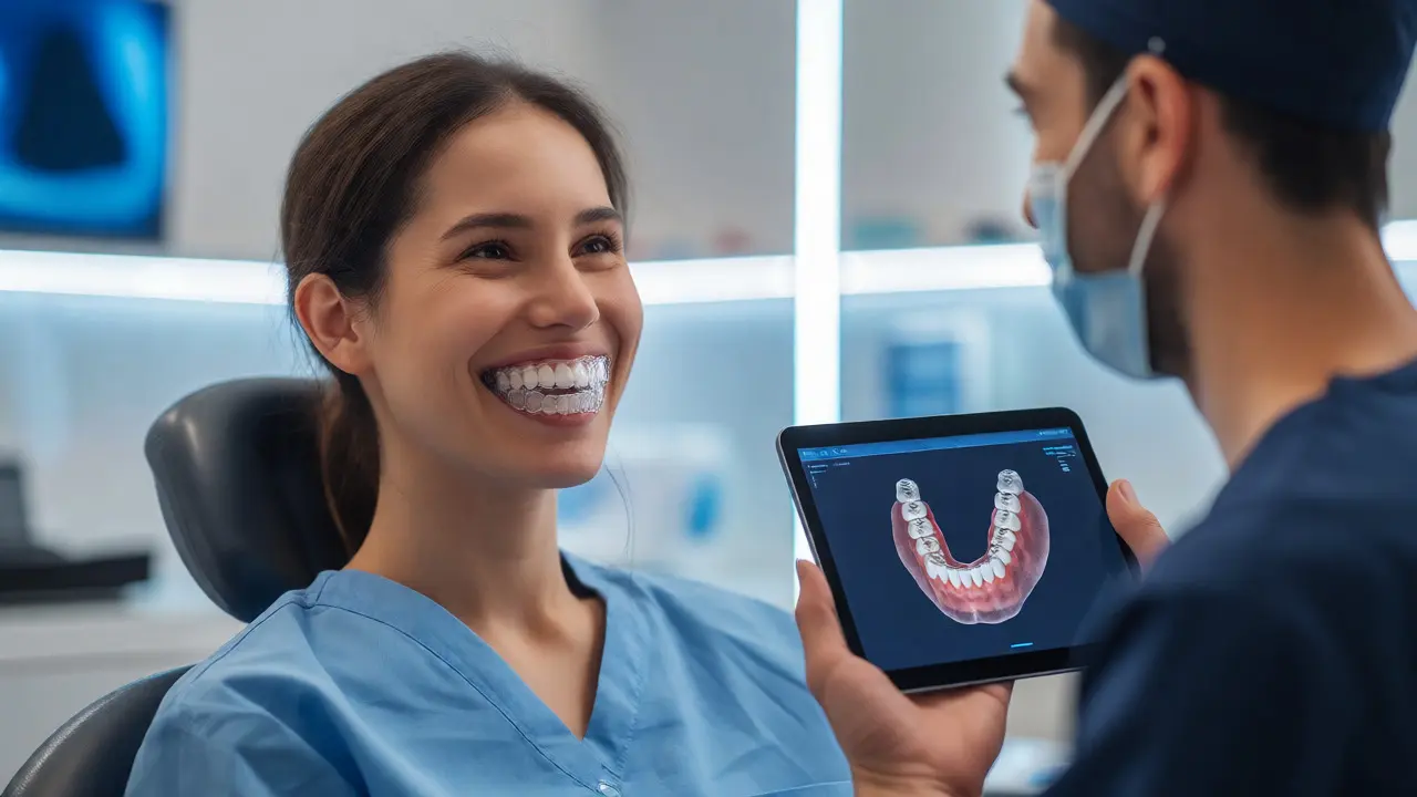 Pacient s průhlednými rovnátky Invisalign usmívající se na zubního lékaře v moderní ordinaci.