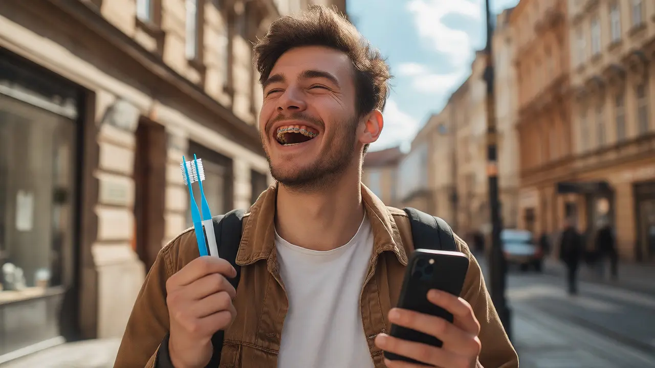 Sebevědomý muž s čistými rovnátky drží hygienickou sadu na ulici.