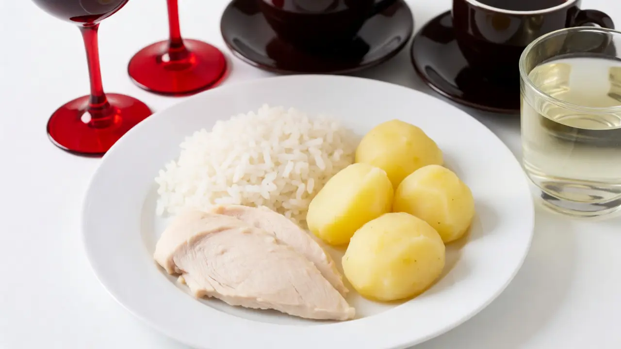 Tácek s bílými potravinami pro dietu po nalepovacích zubech