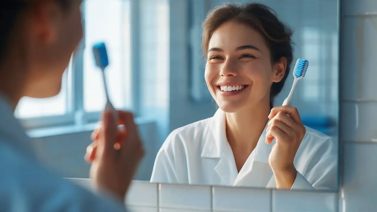 Úsměv s bílými zuby v koupelnovém zrcadle po hygienické péči